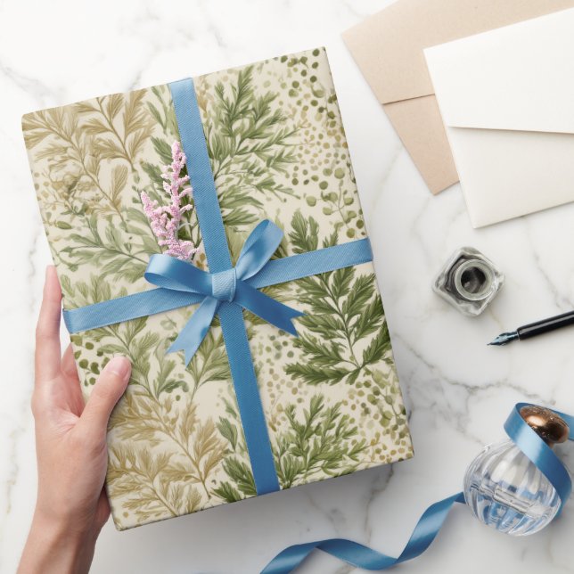 Botaniskt grön ormbunke beige blommönster presentpapper (Gifting)
