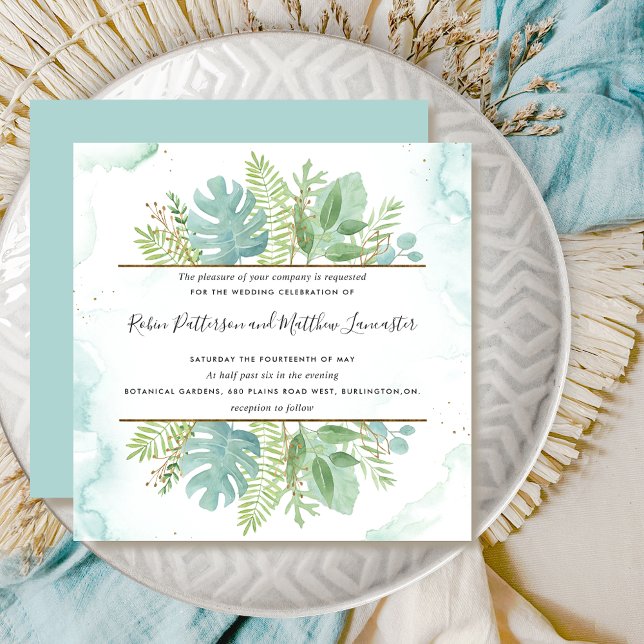 Botaniskt grönområde, blå Grönt vattenfärg Bröllop Inbjudningar (Skapare uppladdad)