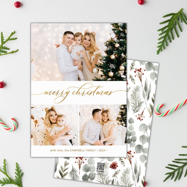 Botaniskt grönt 3-fotokollage julkort (Skapare uppladdad)