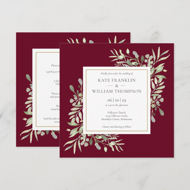 Botaniskt grönt allt i en burgunderfärgad bröllops inbjudningar (Fram/baksida)