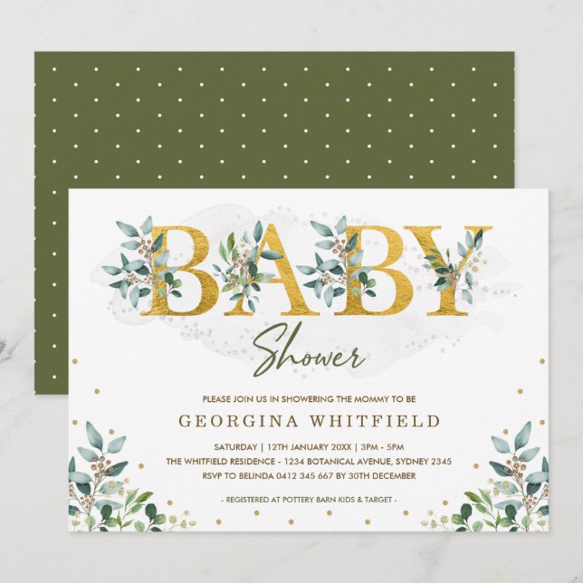 Botaniskt grönt babyskor/Grönt Guld Löv Inbjudningar (Fram/baksida)