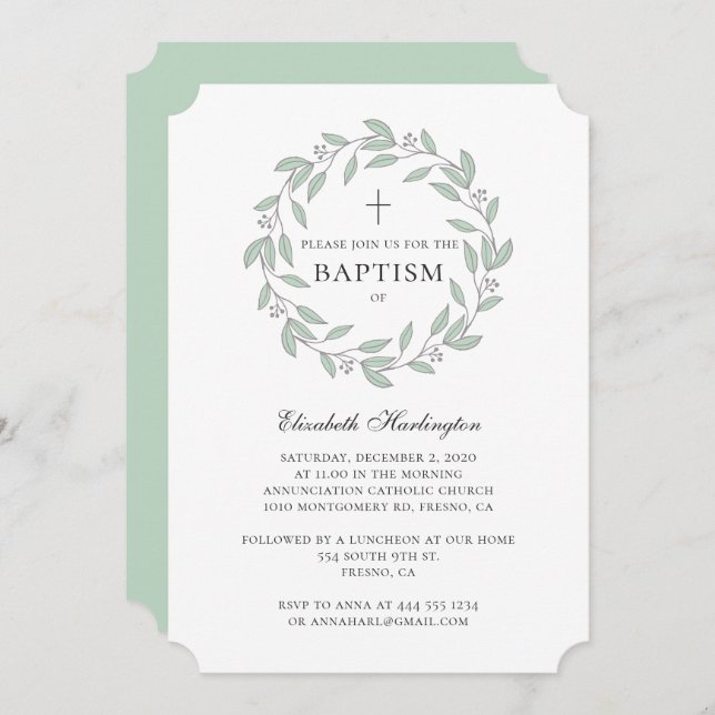 Botaniskt grönt baptism. Enkelt mint andedräkt Inbjudningar (Fram/baksida)