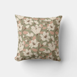 Botaniskt Grönt Beige Lily Blommönster Kudde