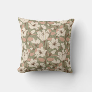 Botaniskt Grönt Beige Lily Blommönster Kudde