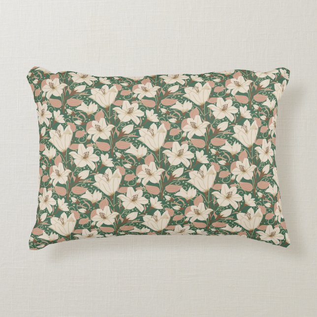Botaniskt Grönt Beige Lily Blommönster Prydnadskudde (Framsidan)