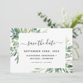 Botaniskt grönt bladverk akvarell bröllop sparande spara datumet