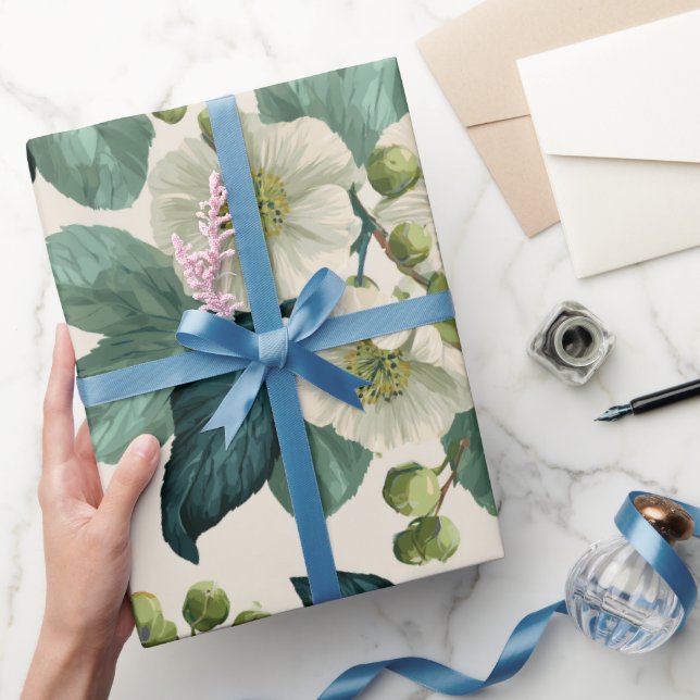 Botaniskt grönt blomkräm blommönster presentpapper (Gifting)