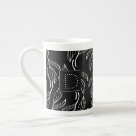Botaniskt grönt blomster svart och vitt monogram benporslin mugg