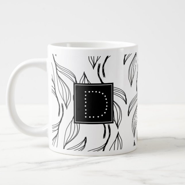 Botaniskt grönt blomster svart och vitt monogram jumbo mugg (Vänster)