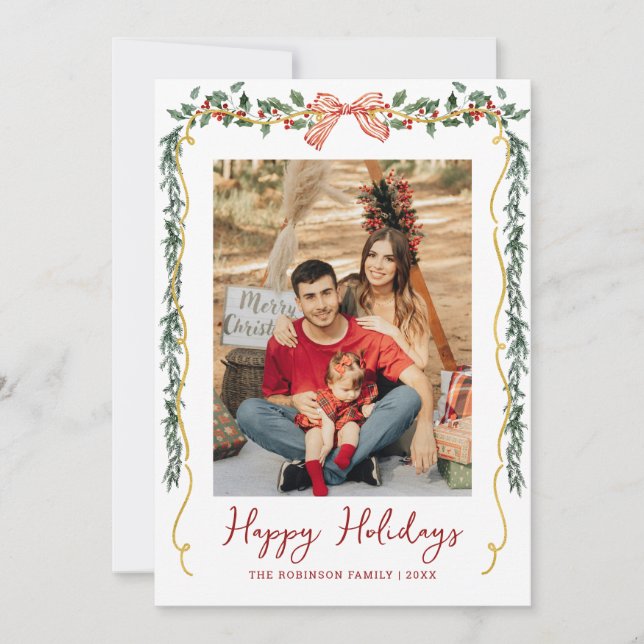 Botaniskt grönt & Bow Glad helg 1 Foto Julkort (Framsida)