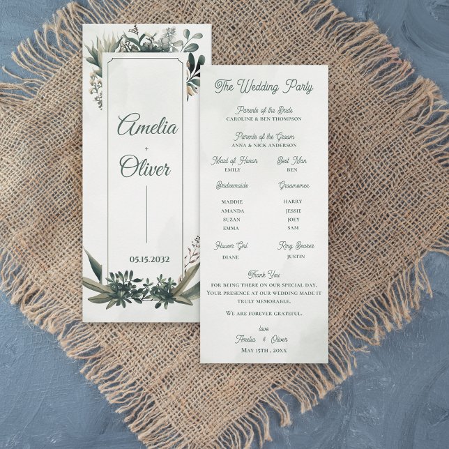 Botaniskt grönt bröllopsceremoni-programkort inbjudningar (Elegant Botanical Greenery Wedding Program Card | Sage Green Foliage Ceremony Program)