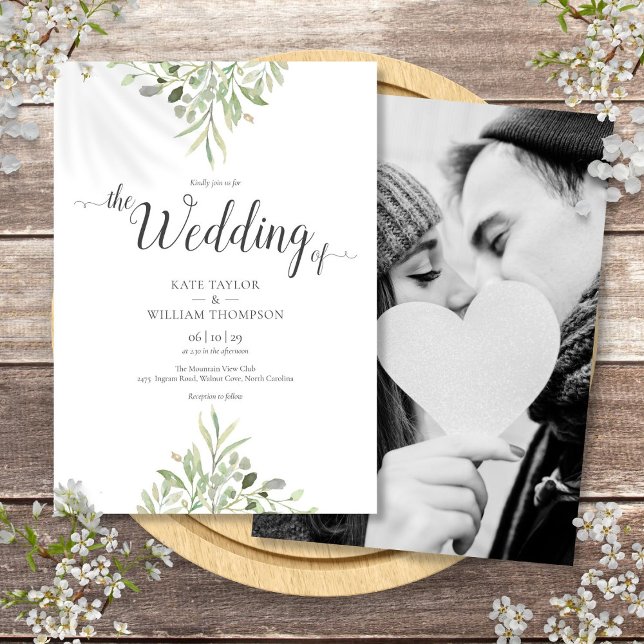 Botaniskt grönt bröllopsfoto manus inbjudningar (Botanical Greenery Wedding Photo Script Invitation)