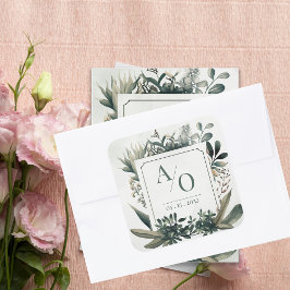 Botaniskt grönt bröllopsmonogram fyrkantigt klistermärke