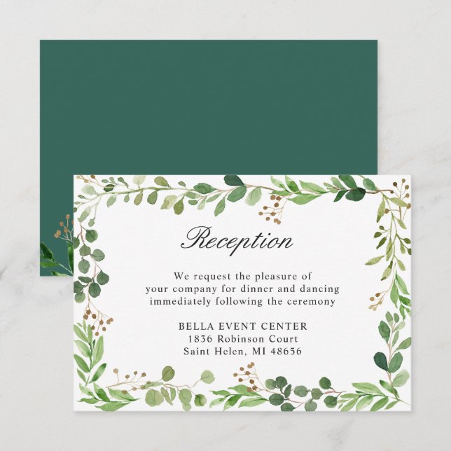 Botaniskt grönt bröllopsmottagningskort inbjudningar (Fram/baksida)