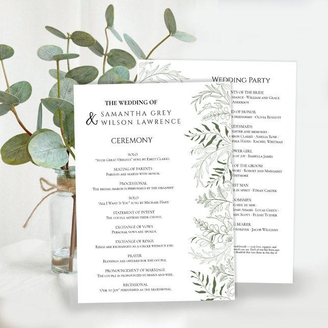 Botaniskt grönt bröllopsprogramkort program (Skapare uppladdad)