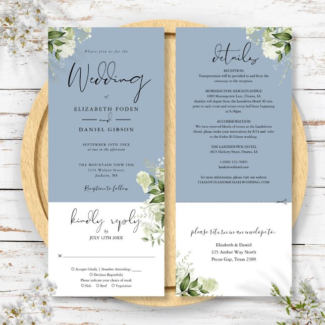Botaniskt grönt dammblått allt på en Bröllop Inbjudningar (Botanical Greenery Dusty Blue All In One Wedding Invitation)