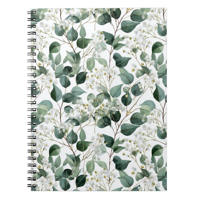 Botaniskt grönt eukalyptus vitt blommönster anteckningsbok (Framsidan)