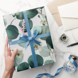 Botaniskt grönt eukalyptus vitt blommönster presentpapper