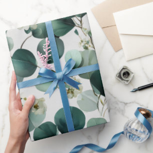 Botaniskt grönt eukalyptus vitt blommönster presentpapper