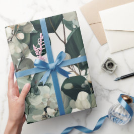 Botaniskt grönt eukalyptus vitt blommönster presentpapper