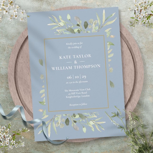 Botaniskt grönt Foliage Dusty Blue Bröllop Inbjudningar (Botanical Greenery Foliage Dusty Blue Wedding Invitation)