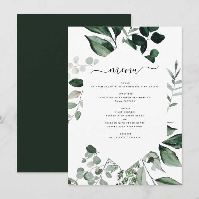 Botaniskt grönt Foliage Watercolor Bröllop Menu Meny (Fram/baksida)