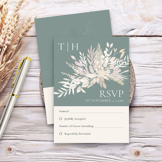 Botaniskt Grönt för olivoljeförsäljning Monogram B OSA Kort (Sage Green Elegant RSVP card  - Foliage Duet wedding collection)