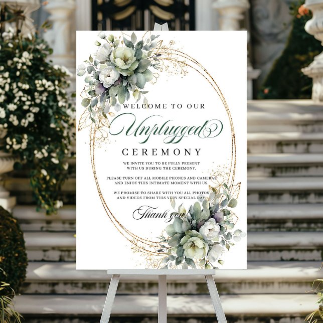Botaniskt Grönt Guld Avstängd Ceremoni Bröllop Po Poster (Botanical Green Gold Unplugged Ceremony Wedding Poster)