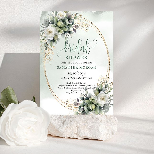 Botaniskt Grönt Guld Bröllopsfestinbjudan Inbjudningar (Botanical Green Gold Bridal Shower Invitation)