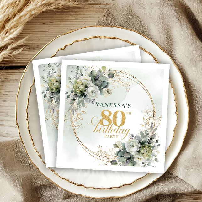 Botaniskt Grönt Guld Eukalyptus 80-årsdag Servett (Botanical Green Gold Eucalyptus 80th Birthday Napkins)