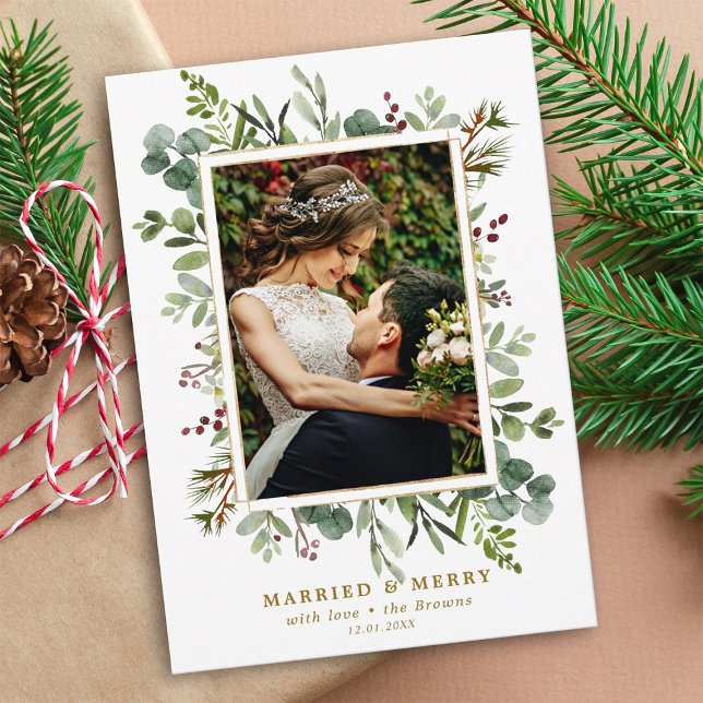 Botaniskt grönt Guld gift och Merry Photo Julkort (Skapare uppladdad)