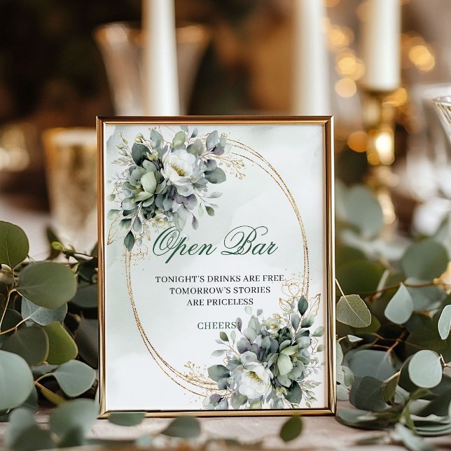 Botaniskt Grönt Guld Öppen Bar Bordskylt Poster (Botanical Green Gold Open Bar Tabletop Sign)