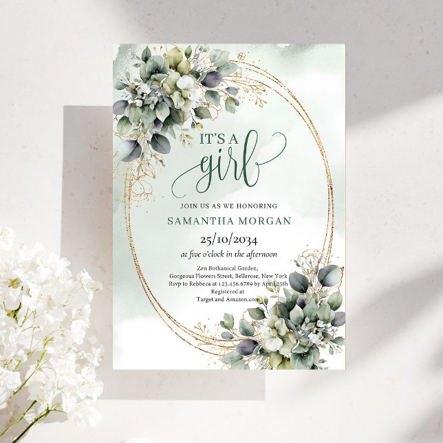 Botaniskt Grönt Guld Tema Det Är En Flicka Inbjuda Inbjudningar (Botanical Green Gold Theme It’s A Girl Invitation)