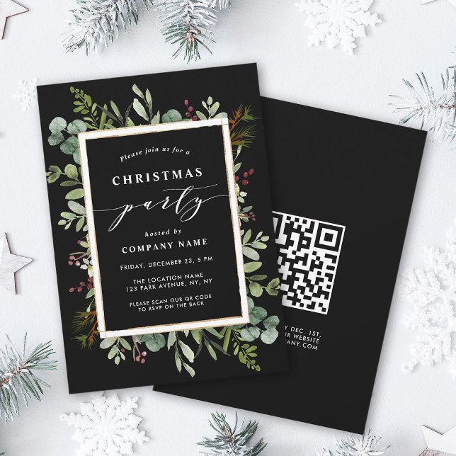 Botaniskt grönt jul Party med QR-kod Inbjudningar (Front & Back)