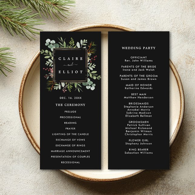 Botaniskt grönt julfirande svart bröllop program (Front & Back)