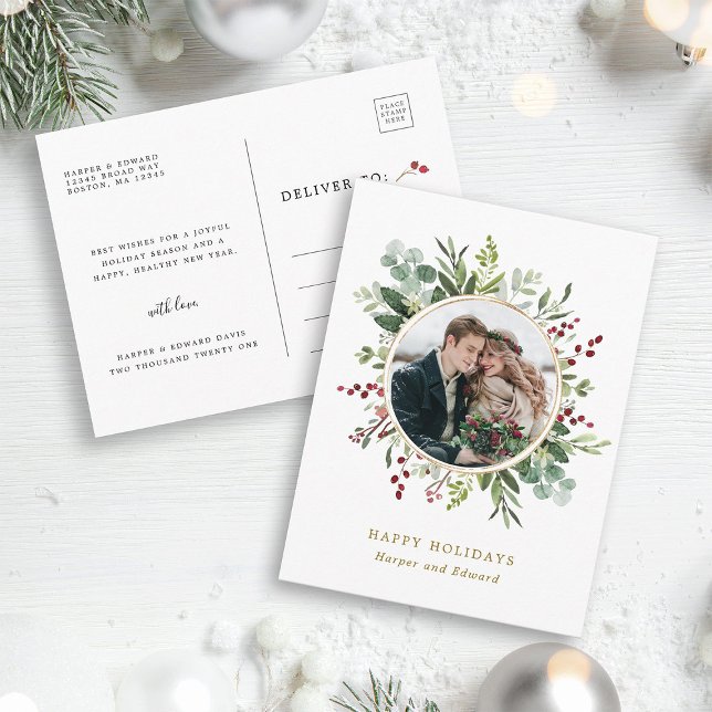 Botaniskt grönt julguld fotofirande vykort (Front & Back)