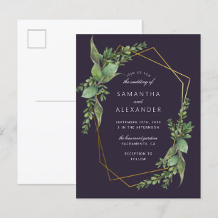 Botaniskt grönt Lila & Guld Geometric Bröllop Inbjudan Vykort