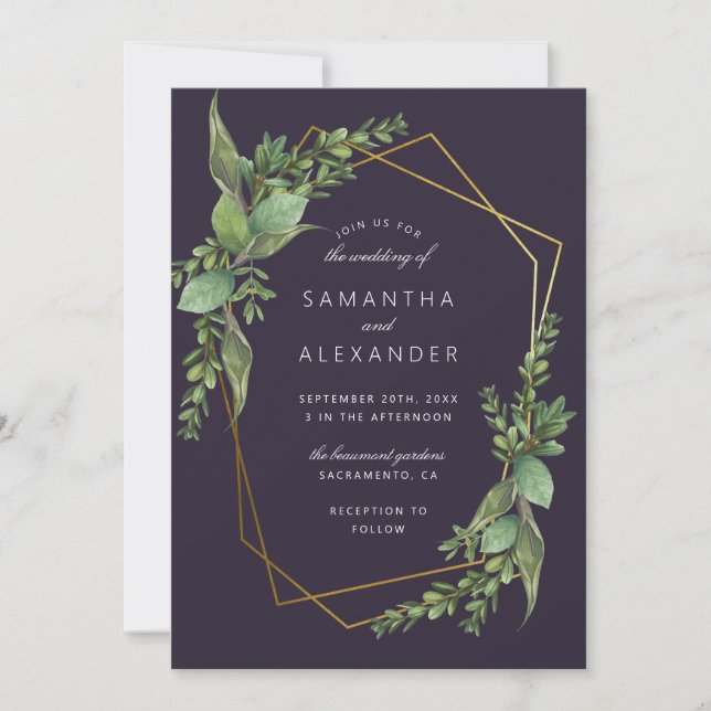 Botaniskt grönt Lila & Guld Geometric Bröllop Inbjudningar (Framsida)