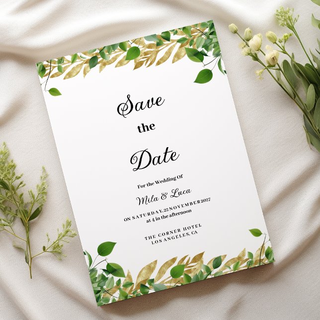 Botaniskt grönt löv i guld Spara datum Inbjudningar (Botanical greenery gold foliage Save the Date )