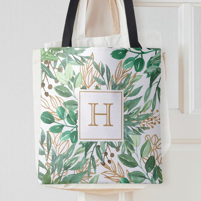 Botaniskt grönt Löv Watercolor Söt Monogram Tygkasse (Skapare uppladdad)