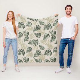 Botaniskt grönt ormbunks beige blommönster fleecefilt