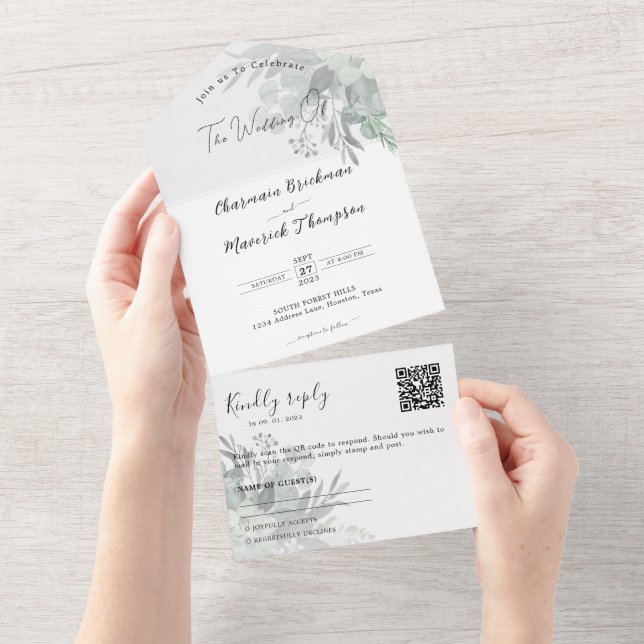 Botaniskt grönt QR-kod Bröllop (Avrivbar del)