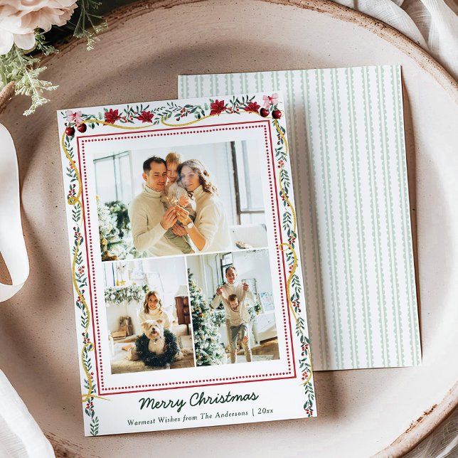 Botaniskt grönt Ribbon God jul 3 Foto Julkort (Skapare uppladdad)