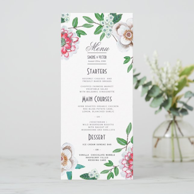 Botaniskt Grönt Rosa Blommig Bröllopsmeny Meny (Stående Fram)