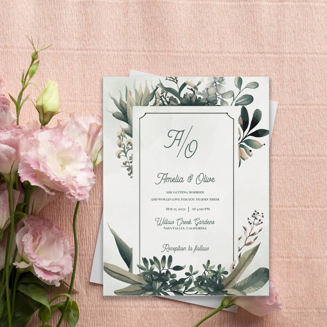 Botaniskt grönt salvia grön bröllopsinbjudan inbjudan vykort (Botanical Greenery Frame Wedding Invitation | Elegant Sage Green Nature Wedding Invite)