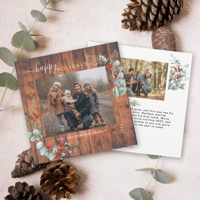 Botaniskt grönt vattenfärg Rustic Cherry Wood Julkort (You will love these beautiful Christmas cards! They feature botanical watercolor pine and berries.)