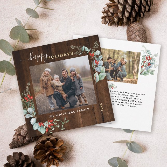 Botaniskt grönt vattenfärg Rustic Mörk Wood Julkort (You will love these beautiful Christmas cards! They feature botanical watercolor pine and berries.)