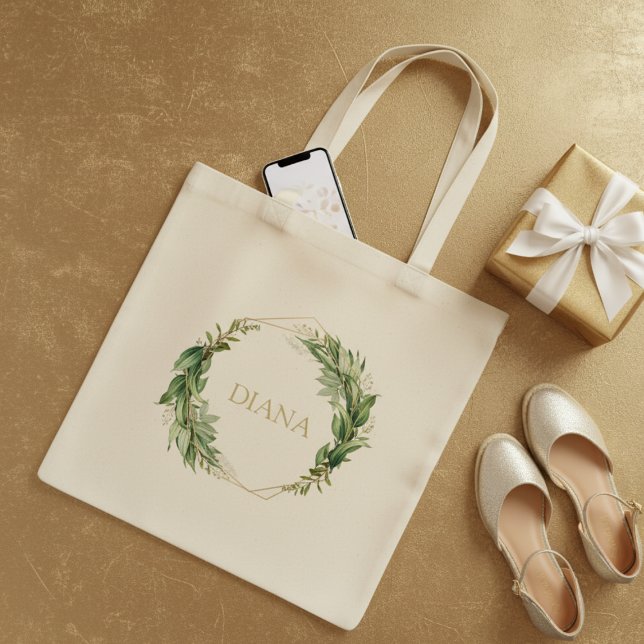 Botaniskt Guld Greenery Personalize Namn Tote Bag Tygkasse (Skapare uppladdad)