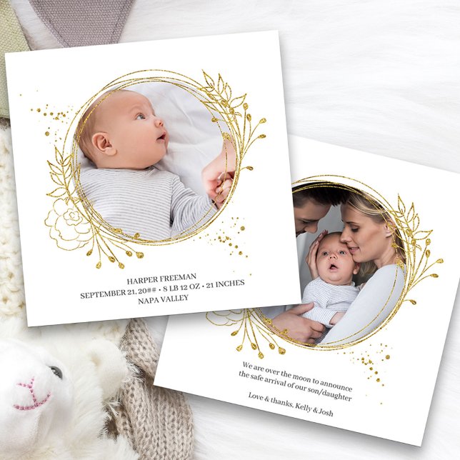 Botaniskt Guld Photo Ram Elegant Birth Meddelande (2 Framed Photo Baby Birth Announcement. Buy printed or as a printable digital download)