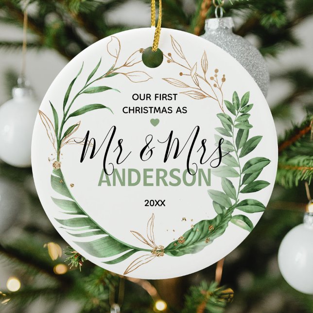 Botaniskt Guld Vår första jul, Mr. & Mrs. Photo Julgransprydnad Keramik (Skapare uppladdad)